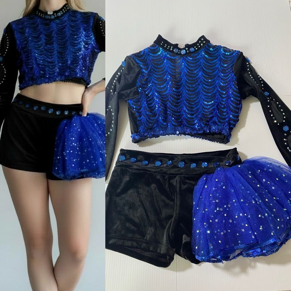 Glamour blue black solo 2 piece embellished Dance Costume Leotard XLC child